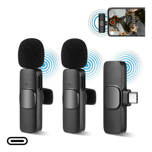 Sistema Microfone Lapela Duplo Wireless K11 Smartphone Usb-c Cor Preto