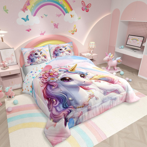 Juego De Edredón King Unicornio Arcoíris Para Niñas Ropa D