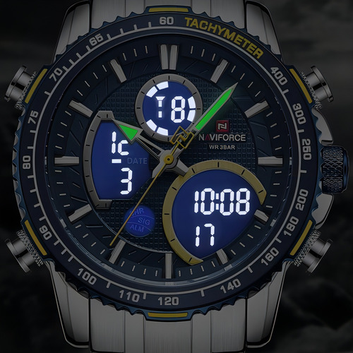 Reloj Naviforce Nf9182 plateado de acero militar de lujo para hombre, color de fondo plateado/azul
