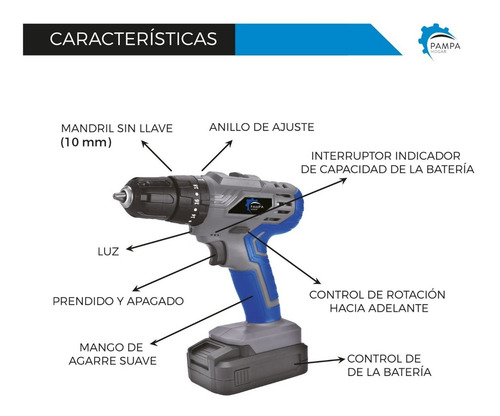 Imagen 2 de 8 de Taladro Percutor Inalámbrico 10mm Pampa 18v Litio + Maletín