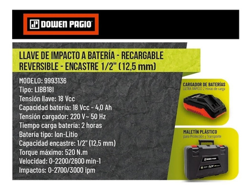 Imagen 7 de 10 de Llave Impacto A Bat 1/2 Dowen Pagio 18v Li Brushless 9993136