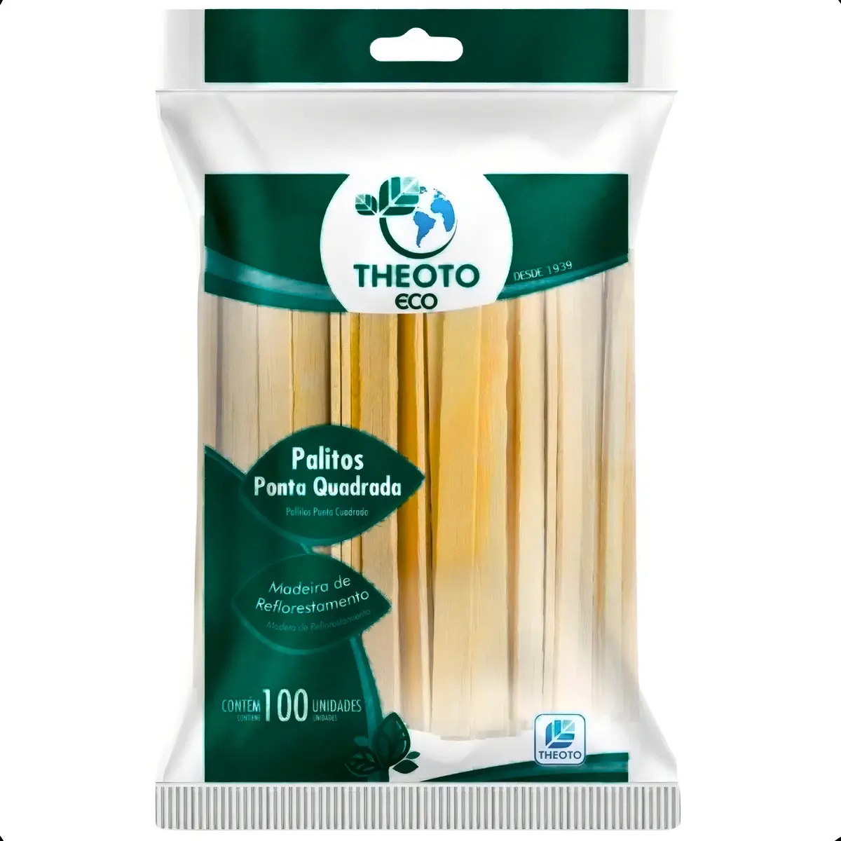 Palito de Sorvete Madeira Theoto Culinária Liso 10cm Ponta Quadrada