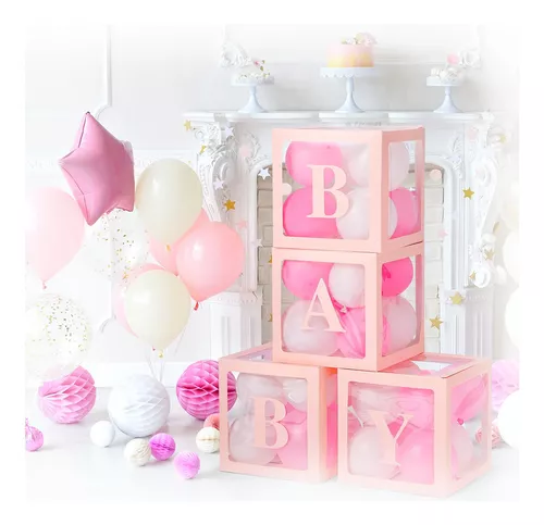 Caja de globos de decoración de baby shower para niñas, cajas de decoración  transparentes con letras, 32 globos rosas y blancos para baby shower