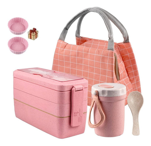 Lunch Box 3 Niveles Bento Box Y Bolsa Termica Lonchera Rosa