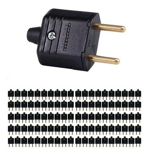 Tomada Plug Macho 2 Pinos Maciço 10a Preto Pin Kit 100 Peças