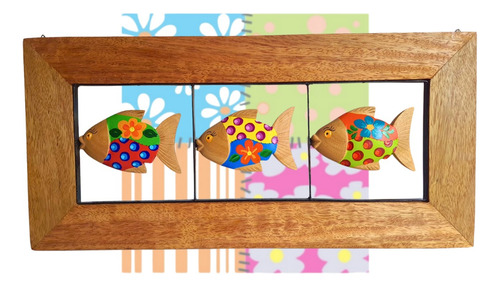 Quadro Decorativo Peixes Coloridos Madeira Horizontal