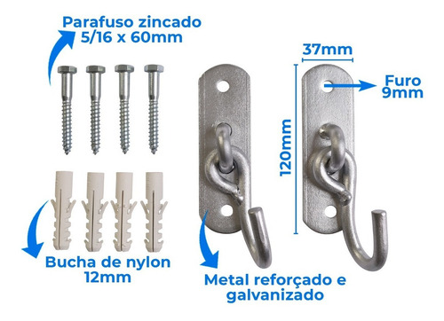 Kit Com 2 Ganchos Reforçados Para Rede C/ Parafusos E Buchas