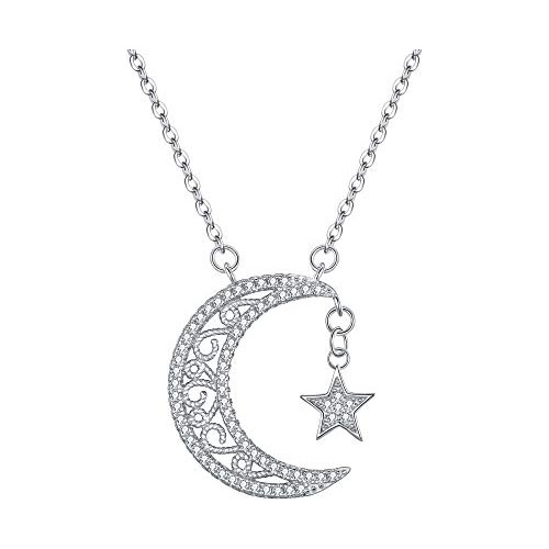 Nunca Fe 925 Cz Bling Luna Y Estrella Colgante, Collar De Cl