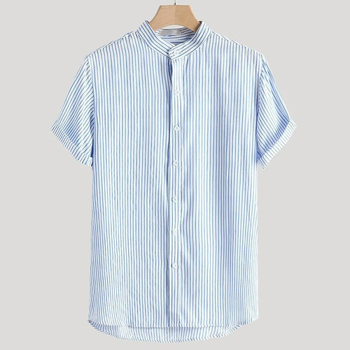 Camisa De Manga Corta A Rayas Con Cuello Alto Para Hombre, V