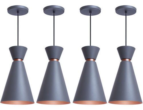 Iluminar Ambiente Kit 4 Pendente Lustre Cone Pequim 30cm Cinza C/ Preto Cobre 110V/220V