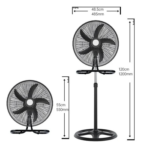 Ventilador Pedestal Giratorio 3 En 1 Ajustable 5 Aspas 18 48 Cm 50 Hz / 60 Hz Negro Transparente Polipropileno 5