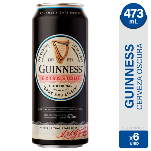 Cerveza Guinness Extra Stout Negra Lata Pack X6 Importada