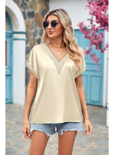 Elegante Camiseta De Satén Con Cuello En V Y Manga Corta