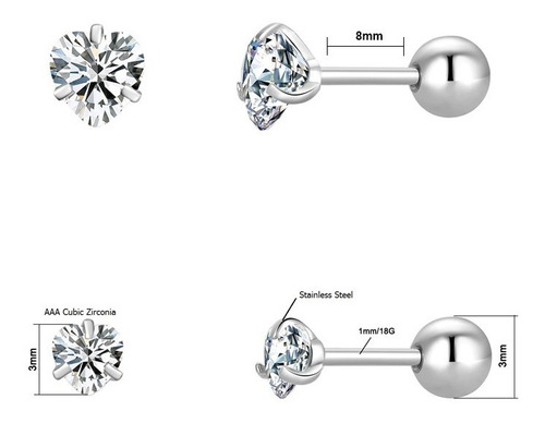 Imagem 2 de 4 de Brinco Aço Inox 316l Cartilagem Tragus Zirconia Coração 3mm