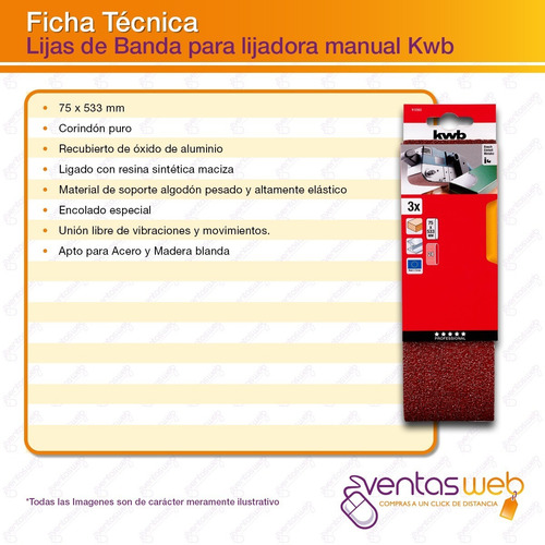 Imagen 4 de 5 de Lija De Banda 75 X 533 Mm Kwb Madera Y Metal Pack X 3 Unid