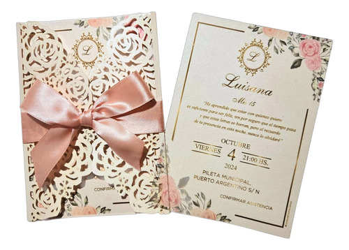 Invitación 15 Y Casamiento Calada Con Moño X 30 Transparente Perlado
