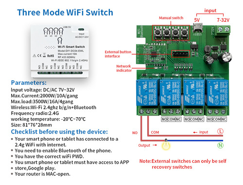 . Sonoff 4 Canales Wifi 5 V 12 V 24 V Ac/dc + Control Rf 433