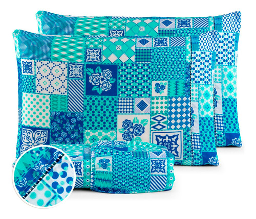 Jogo Lençol Casal 3pç 400 Fios Hipercal Conforto Macio Cor Patchwork Azul Desenho Do Tecido Estampado