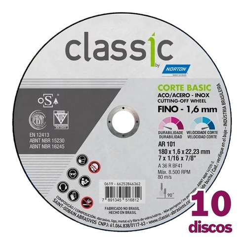 Imagem 2 de 5 de Disco Corte 7'' Aço Inox Classic Basic Norton Kit 10 Peças
