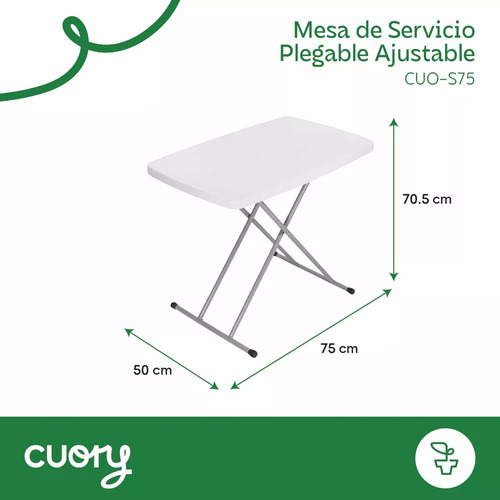 Cuory JH-S75 mesa de servicio plegable ajustable 75x50cm 3 alturas color blanco
