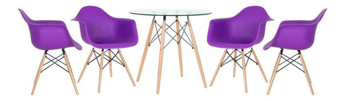 Kit Mesa Eames Wood 80 Cm Tampo Vidro  4 Cadeiras Eames Daw Cor Da Tampa Roxo