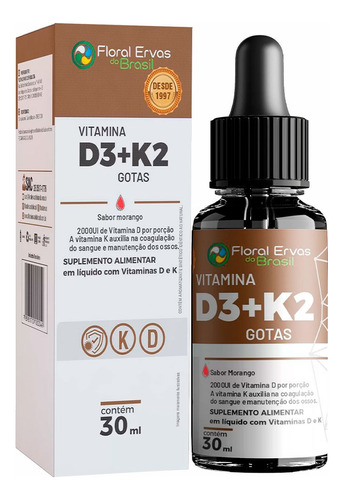 Vitamina D3 + K2 Em Gotas - 30ml - Morango - Floral Ervas