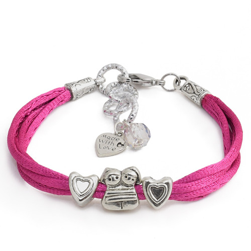 Pulsera Mujer Pareja Corazon Color Plata Cordón Satin Fucsia