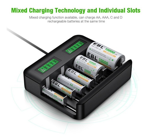 Imagen 2 de 8 de Cargador Universal Pilas Aa Aaa C D Usb Inteligente Lcd Ebl