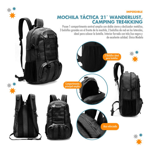 Mochila Táctica, Wanderlust 21 Pulg Camping Trekking - 13826 Negro