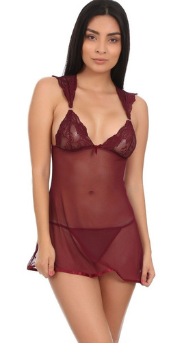 Lenceria Sexy Baby Doll Vestido Mesh Y Encaje Vino Tanga 893