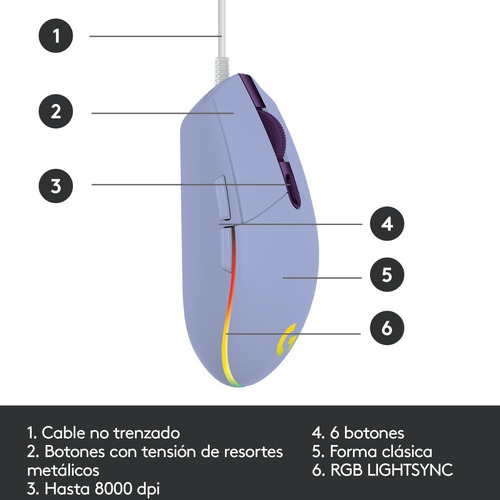 Imagen 9 de 12 de Mouse Gamer Logitech G203 New Rgb Lghtsync Lila Color Violeta
