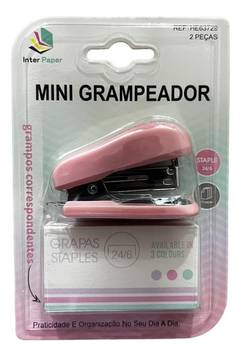 Mini Grampeador Colorido Portátil Grampos Office 24/6 Cor Rosa