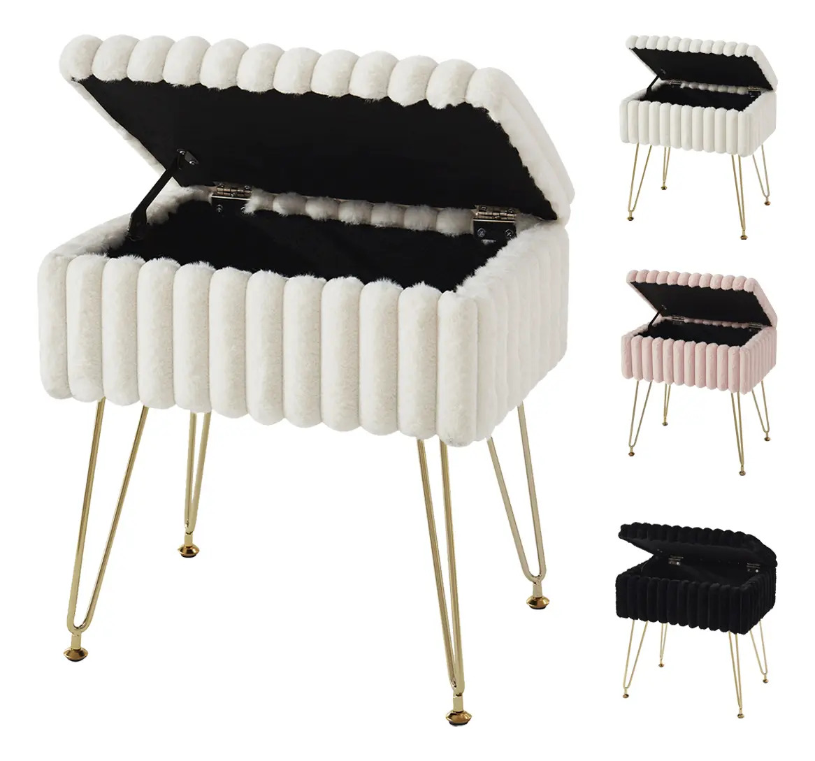 Taburete Blanco De Tocador Aterciopelado Con Espacio Oculto- muebles hogar moderno para sala