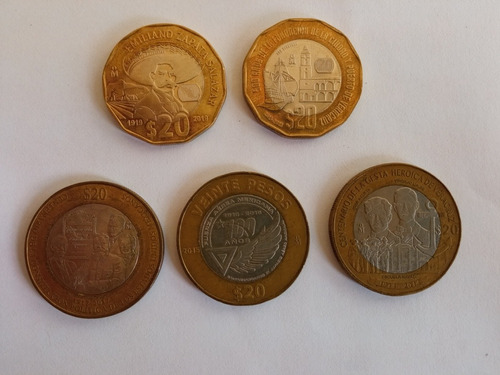 Monedas 20 Pesos Pack De 5 Monedas