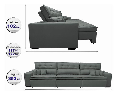 Sofá Retrátil e Reclinável 3,52m Austin com Molas no Assento Suede Velusoft Cinza Cama inBox
