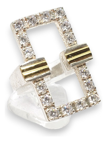 Anillo Plata Y Oro Rectangular Piedras Cubic Brillos