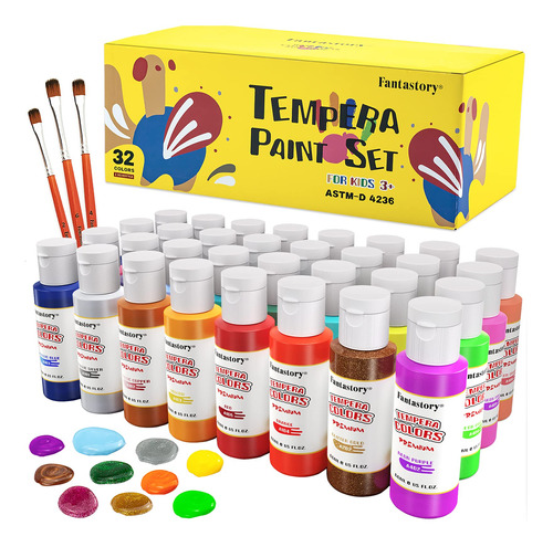 Fantastory Pintura De Tempera Para Ninos, 32 Colores (2 Onza