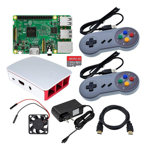 Kit Raspberry Pi 3 B Retrogame 64gb Case +2 Controles Snes