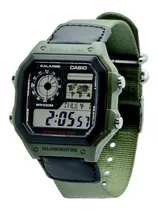 Comprar Reloj pulsera Casio Digital AE-1200 de cuerpo color Verde, digital, fondo negro, con correa de tela color Verde, dial negro, subesferas color amarillo y negro, minutero\u002Fsegundero negro, bisel color Ne