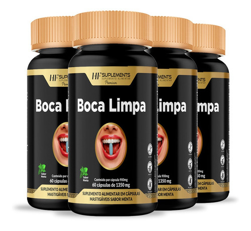 4x Boca Limpa Hf Suplements 1350mg 60caps Mastigaveis Menta