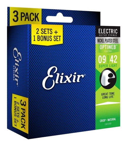 Pack 3 Encordoamento Elixir 09 Optiweb Super Light 16550