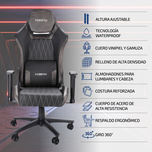 Imagen 2 de 8 de Silla Gamer Pro Ergonomica Giratoria Femmto Gp001 Gris Para Escritorio Pc Gaming Reclinable 135° Peso Maximo 150 Kg