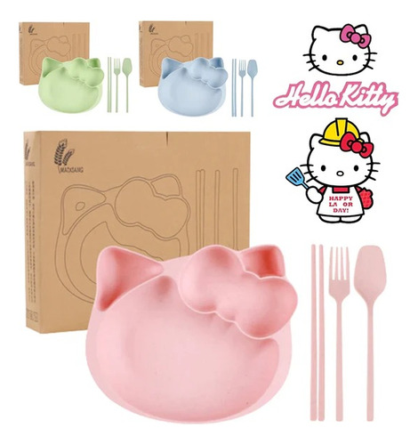 Plato Y Cubiertos Fibra De Trigo Ecologico Hello Kitty 23-fh