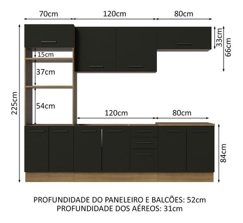 Cozinha Completa Madesa Agata 270001 Armário Balc S Tampo Rp Cor Rustic/Preto