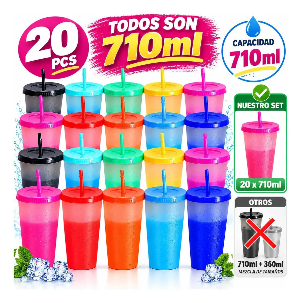 Vasos Magicos Cambian De Color Con Tapa Y Popote 710ml 20pzs，Multicolor