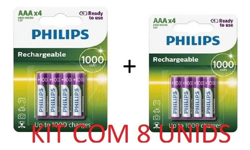 Pilhas Recarregável Palito Philips Aaa 1000mah Kit Com 8 Un