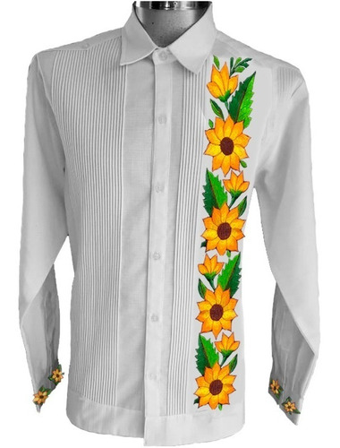 Imagen 4 de 4 de Guayabera Yucateca Bordada De Girasoles Ml. Lino. Mayakim