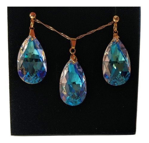 Conjunto Cristal Swarovski 2,8cm Blue Ab Folheado Ouro 18k