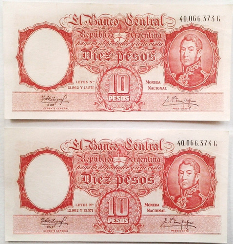 2 Billetes 10 Pesos G Argent 1962 Bottero1972 - S/c Y Correl