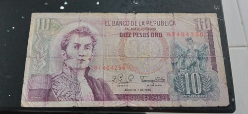 Billete 10 Pesos Colombia Año 7 Agosto 1980